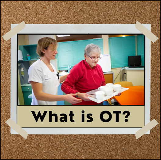 An occupational therapist supports an elder woman as she carries a tray of tea cups